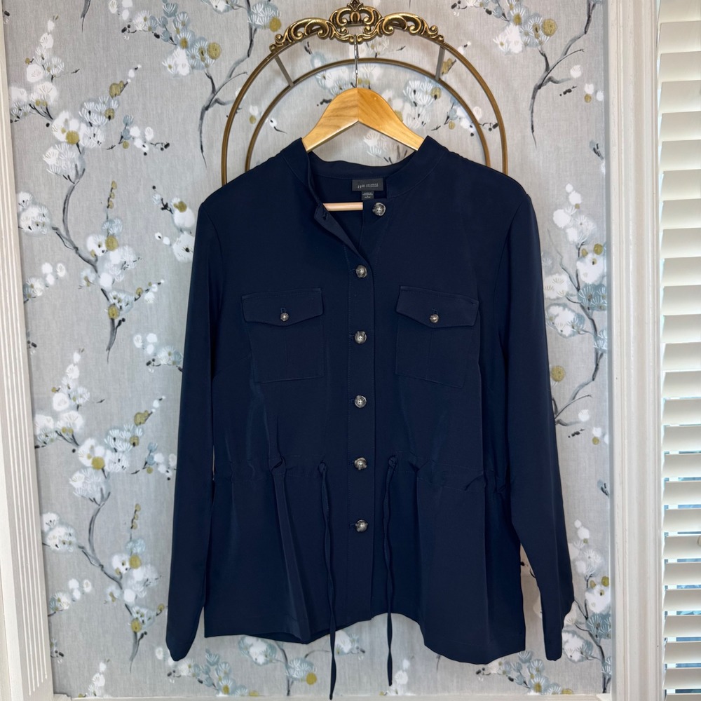 J. Jill Wearever Navy Blue Utility Jacket Drawstring Waist Large Petite L P